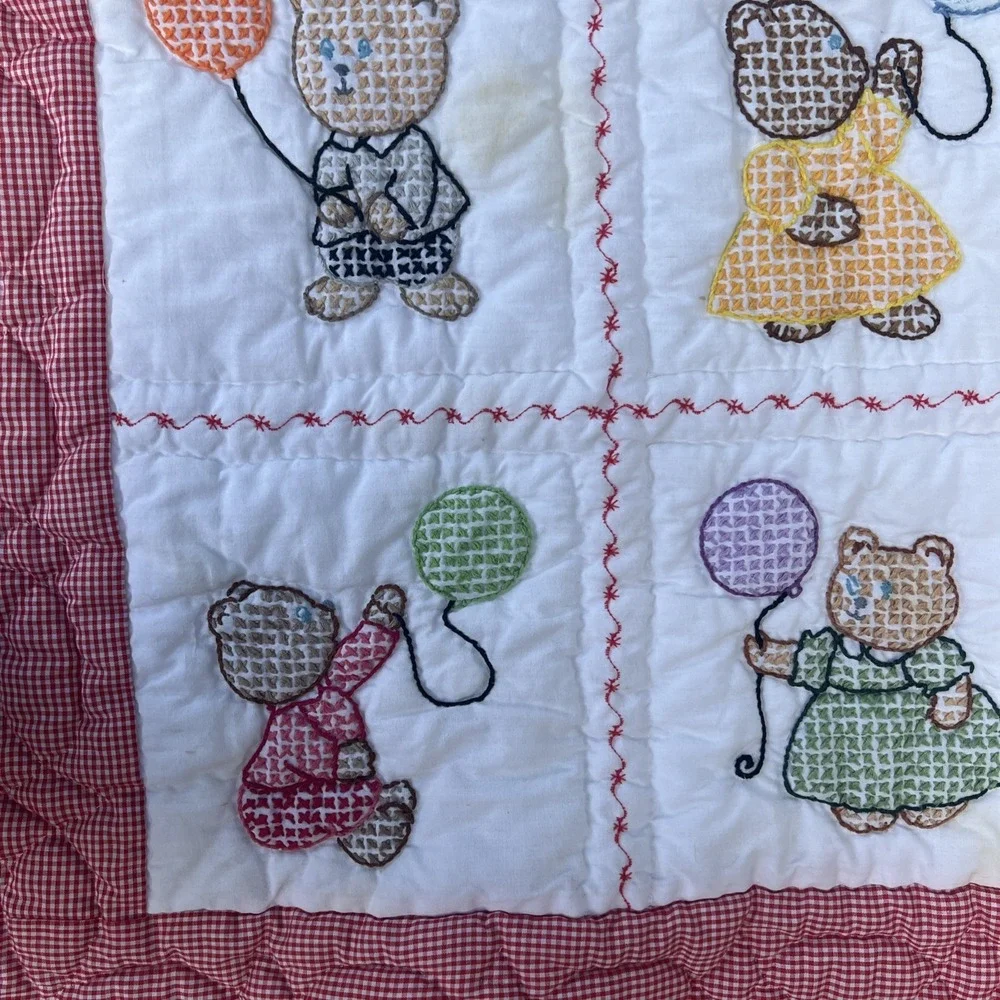 VTG 1970s Handmade Cross Stitch Teddy Bear Red Gingham Baby Crib Quilt 31x39